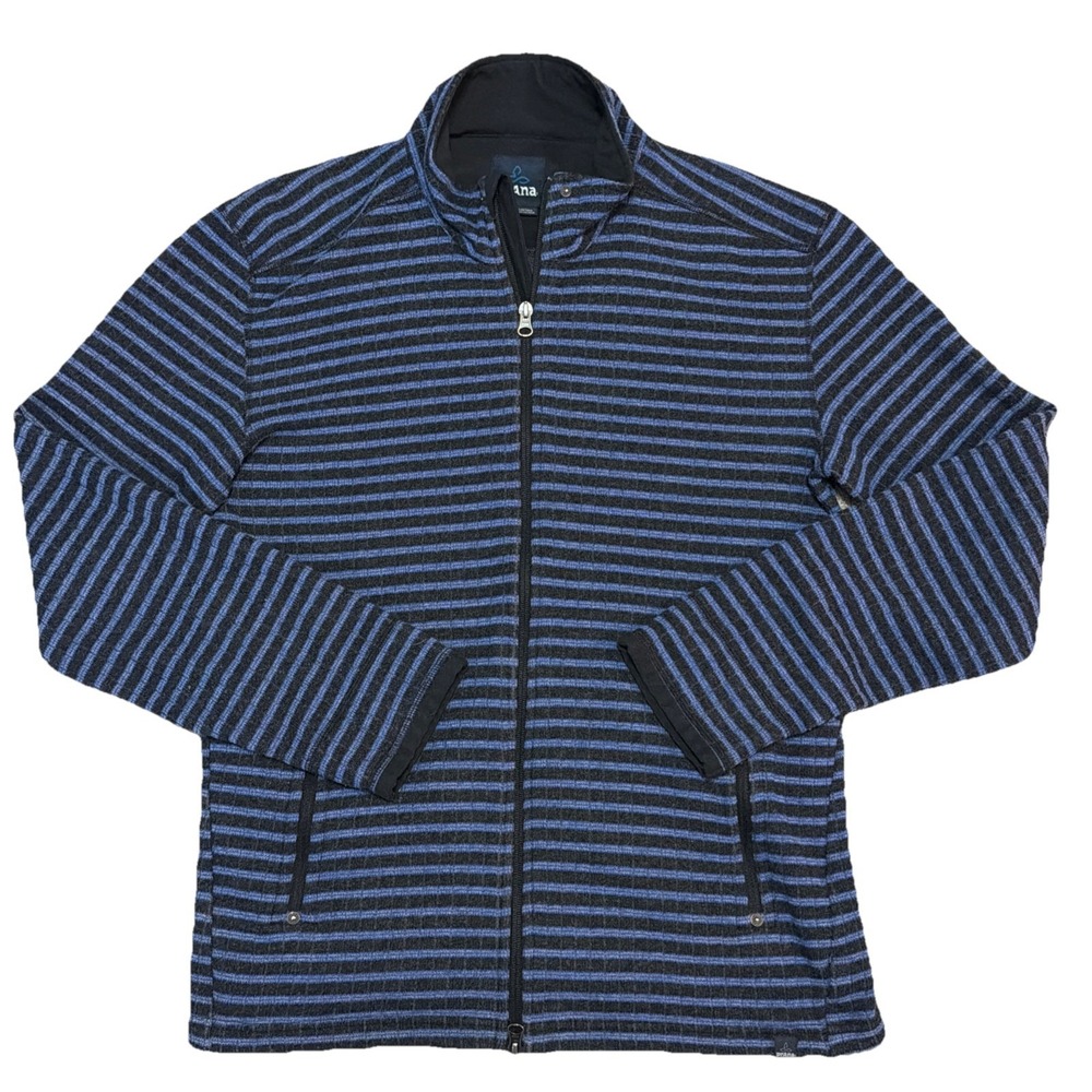 Prana Men's Large Blue Black Full Zip Barclay Sweater Long Sleeve Striped